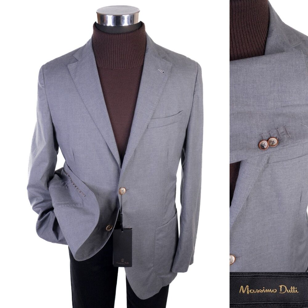 Massimo Dutti Blazer Sport Coat Sz 42- Solid Italian Cotton Gray 2-Button Jacket